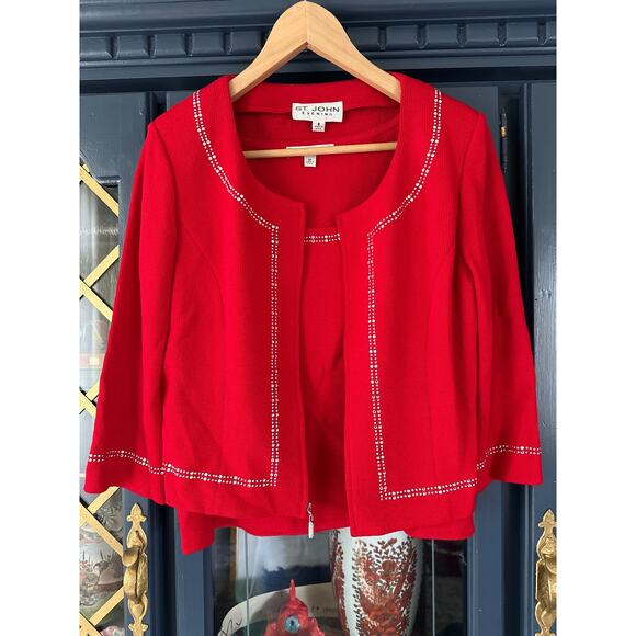 St. John Evening Jacket and Shell top Red jeweled crystals Medium 8 Set Sparkle - Picture 5 of 8